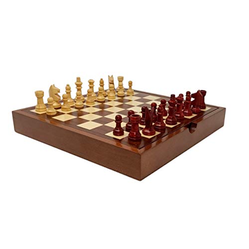 Juego de ajedrez de viaje de madera de alta gama artesanal, 24 cm x 24 cm, fabricación tradicional a mano, juego 2 en 1 de ajedrez y damas | Eajera en Sapelli y Sycomore | Piezas de boj