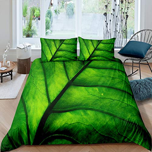 Juego de ropa de cama Green Leaves con diseño de hoja de vena, funda de edredón para niños, niños, niñas, adolescentes, funda de edredón natural, decoración de dormitorio con 155 x 220 cm