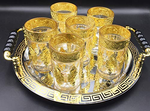 Juego de té marroquí Completo, Bandeja de 29cm diámetro con asas y 6 Vasos dorados (DORADO-SIN-T)