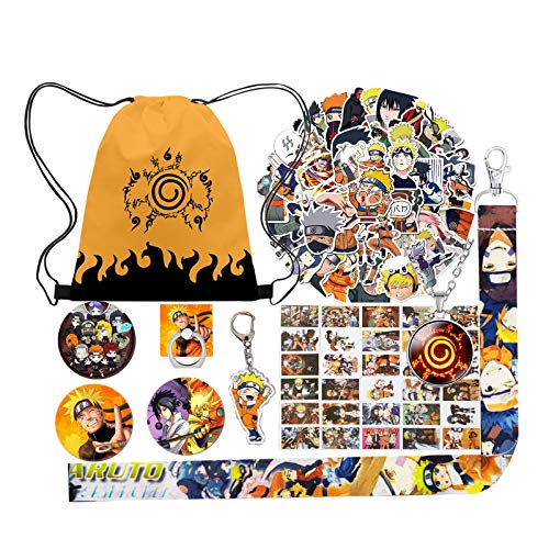 Juegos de regalo de Anime Naruto, incluye bolsa de cordón Naruto, 50 pegatinas de Naruto, 3 botones de alfileres, cordón, llavero, soporte de anillo de teléfono, collar para los fans del anime