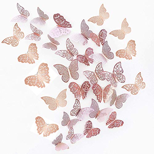 JUN-H 36 Piezas Mariposas 3D Mariposas Decorativas Pegatinas de Pared Arte Tatuajes de DIY Dormitorio Tatuajes de Decoración de Bebé Extraíble Mural de Pared Decorativo (Rosa roja)