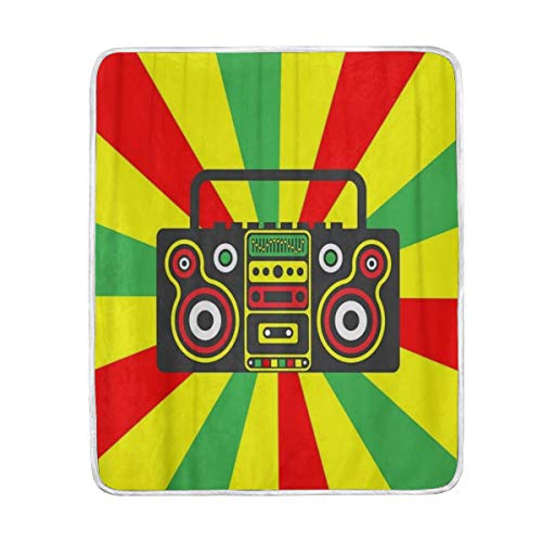 KASABULL Cobija Colorido Reggae Rastafarian Boombox en Rayas Rojo Amarillo Verde Naranja Manta Suave y acogedora con Estampado de variación Minky Fleece Throw 240cm×260cm