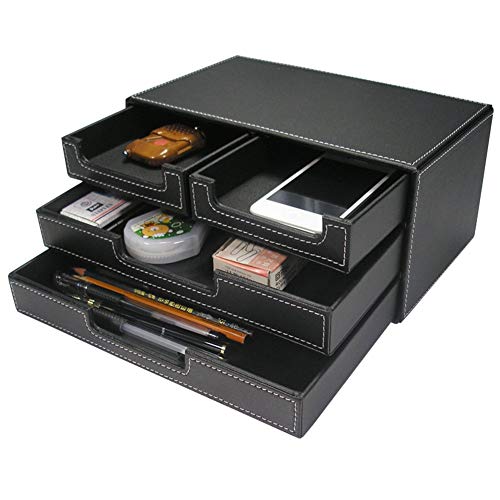 KINGFOM madera/piel sintética multi-función escritorio papelería organizador caja de almacenamiento, color Black with Drawer
