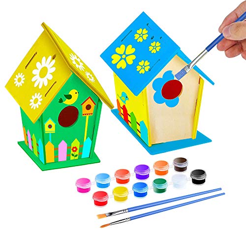 Kit de bricolaje para casita de pájaros de madera, para montar y pintar, que incluye 12 colores y 2 pinceles para manualidades de jardín al aire libre