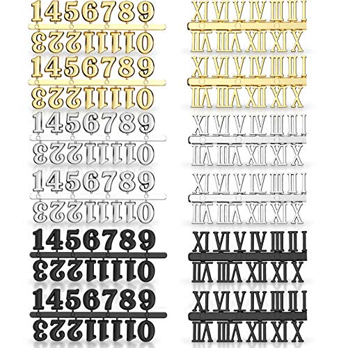 Kit de Números de Reloj Incluyendo Número Árabe y Número Romano en Oro Negro Plata Números de Reloj Digital DIY para Diseñar Reemplazo Reparación de Accesorios de Reloj (12 Piezas)