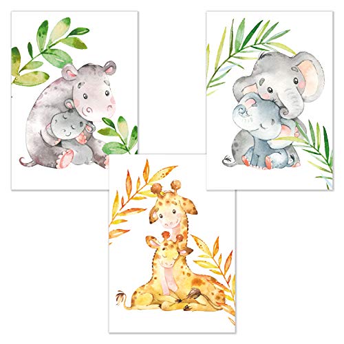 kizibi® Juego de 3 Elefantes hipopótamo Jirafa Animales DIN A4 póster para habitación de niños y bebés, póster Decorativo para niños y niñas, Acuarela habitación Infantil