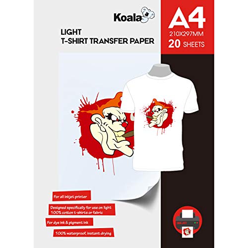 KOALA Papel de transferencia de tinta para camisetas de blancas y claras, 20 hojas, A4