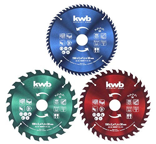 KWB 49586999 - Juego de hojas de sierra circular (190 x 30 / 20 / 16 mm para sierras circulares de mano con anillos de reducción a 16 y 20 mm)