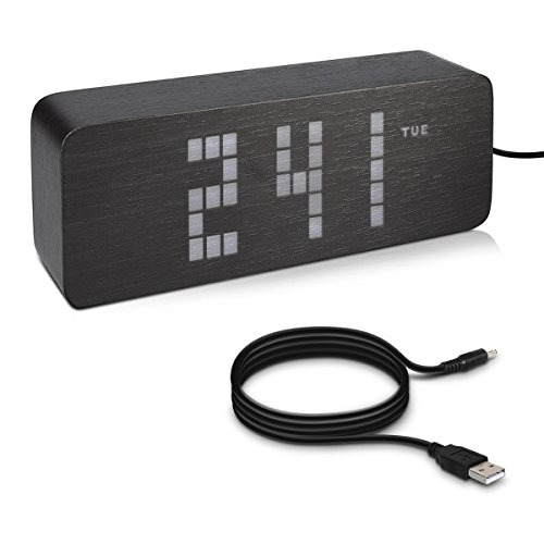kwmobile Despertador Digital LED - con Aspecto de Madera - Muestra la Temperatura y el día - con 3 alarmas programables - en Negro con Leds Blancas