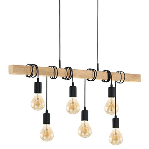 Lámpara de colgante EGLO TOWNSHEND, lámpara colgante vintage con 6 bombillas de estilo industrial, lámpara colgada de acero y madera, color: negro, marrón, casquillo: E27
