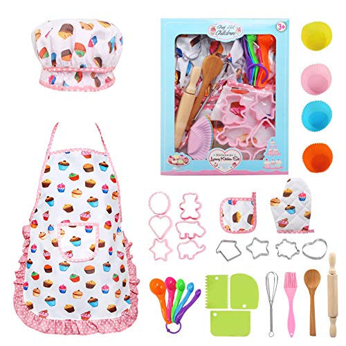 LEADSTAR Delantal Infantil, Delantal Niña Gorro Cocinero Infantil Delantales Cocinera para Niña Niños Juguetes Regalos Accesorios de Cocina para Niñas 3 -12 Años para Navidad y Fiesta de Cumpleaños