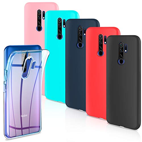 Leathlux 6 x Funda Xiaomi Redmi 9, 6 Unidades Carcasas Juntas Ultra Fina Silicona TPU Flexible Colores Carcasas Xiaomi Redmi 9 6.6" - Transparente Rosa Verte Azul Rojo Negro