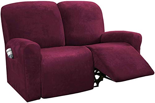 LINGKY Fundas reclinables para sofá, 6 piezas, protector de muebles, de terciopelo rico, ajuste elástico, suave, con parte inferior elástica, color rojo vino