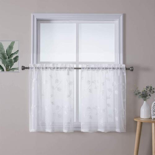 LinTimes Cortinas bordadas de nivel transparente, con patrón de hojas, pequeña cortina, con bolsillo para barra, diseño floral, media ventana, cortinas de gasa, 66 x 60 cm, color blanco, juego de 2