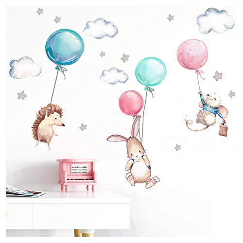 Little Deco Adhesivo decorativo para habitación de bebé, animales y globos, 106 x 67 cm (ancho x alto), conejo, erizo, estrellas, habitación infantil, adhesivo DL507