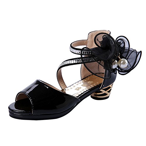 LSERVER-Zapatos de Princesas para Niñas Sandalias con Lazo y Perla Zapatos de Charol de Mini Tacón, Negro (Punta Abierta), 30(Longitud Interna: 19 cm)