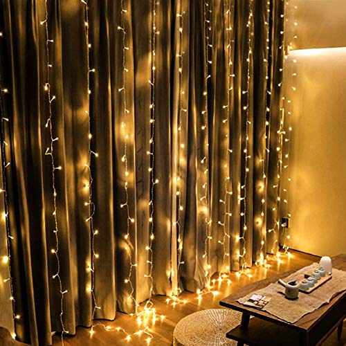 Luces de Cortina LED, OMGAI 300 LEDs, 36V 6W, 3m x 3m Luz de Cortina Con 8 Modos para Navidad, Año Nuevo, Fiesta, Boda, Decoración del Hogar, Blanco cálido