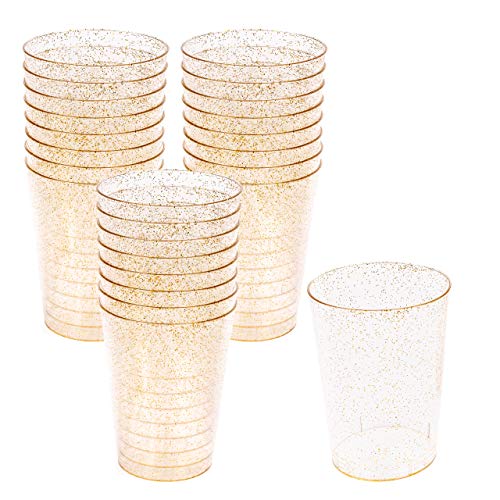 Matana 50 Vasos Transparentes de Plástico Duro con Brillo Dorado, Vasos de Fiesta, 300ml - Resistente y Reutilizable.