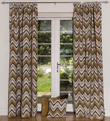 McAlister Textiles Navajo Cortinas 2 paneles | hechas a medida – amarillo y gris geométrico chenilla algodón plisado lápiz ancho 116 cm x 137 cm