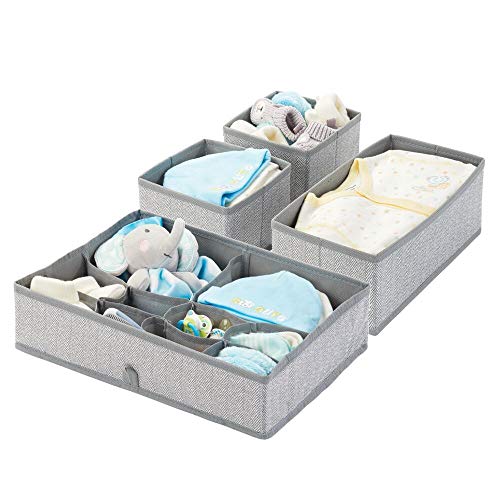 mDesign Juego de 4 cajas organizadoras en polipropileno para habitaciones infantiles – Cestas de tela para accesorios de bebé – Organizadores para armarios de niños o para cajones – gris