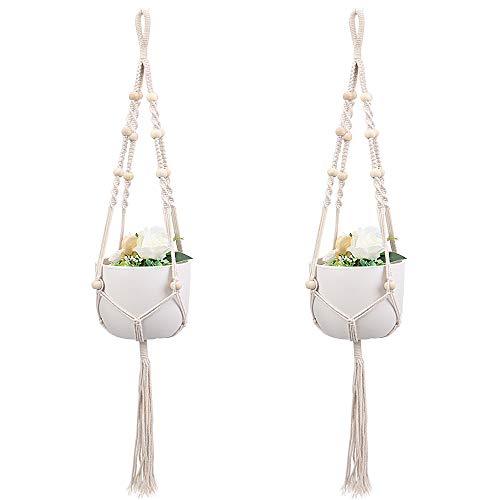 MeleBase Perchas para plantas de macramé, 2 unidades, para interiores y exteriores, cesta de macramé, cuerda de algodón de 91 cm para plantas de menos de 23 cm de diámetro, Bola Blanca MeleBase Perchas para plantas de macramé, 2 unidades, para interiores y exteriores, cesta de macramé, cuerda de algodón de 91 cm para plantas de menos de 23 cm de diámetro, Bola Blanca