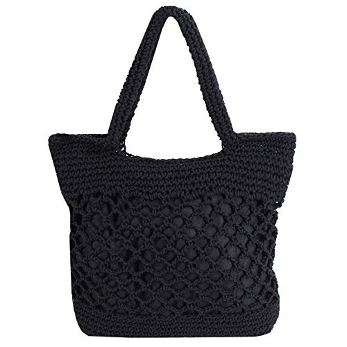 Millya - Bolso de paja para mujer, hecho a mano, tejido de ganchillo, asa superior, bolsa de playa para vacaciones, color Negro, talla Talla única