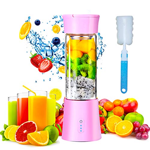 Mini Exprimidor Eléctrico Zumo Portátil, Extractor de Jugos para Frutas y Verduras, 380ml Batidora Vaso Taza, USB Recargable Botella Licuadora Pequeña para Comida Bebé Leche Smoothies Rosa