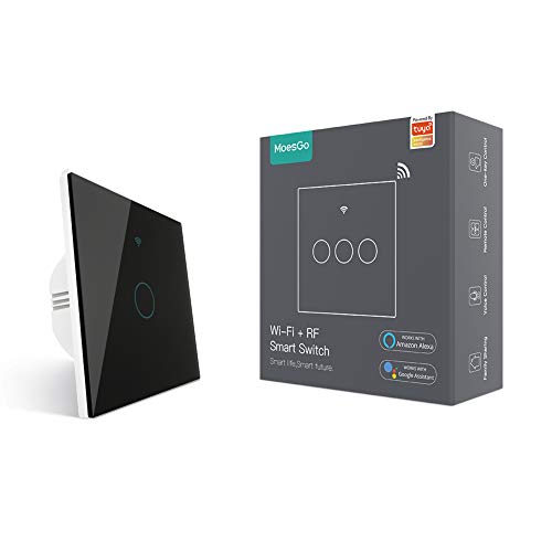MoesGo Wifi Interruptor táctil con 1 vía o asociación de control múltiple(2 vías),estado del relé opcional,trabajo con apps Smart Life y Tuya,Alexa y Google Home,control remoto RF433 Negro(1Gang) MoesGo Wifi Interruptor táctil con 1 vía o asociación de control múltiple(2 vías),estado del relé opcional,trabajo con apps Smart Life y Tuya,Alexa y Google Home,control remoto RF433 Negro(1Gang)