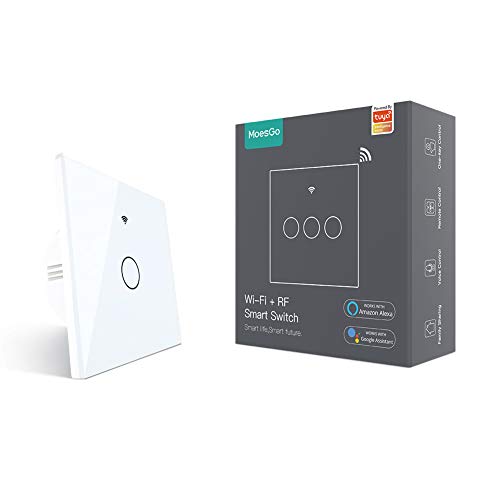 MoesGo Wifi Interruptor táctil con 1 vía o asociación de control múltiple(2 vías),estado del relé opcional,trabajo con apps Smart Life y Tuya,Alexa y Google Home,control remoto RF433 Blanco(1Gang) MoesGo Wifi Interruptor táctil con 1 vía o asociación de control múltiple(2 vías),estado del relé opcional,trabajo con apps Smart Life y Tuya,Alexa y Google Home,control remoto RF433 Blanco(1Gang)