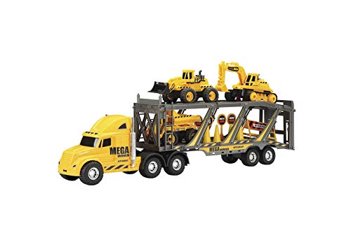 Motor&Co - Camión de juguete para niños Mega Construction, camión bierca porta-coche con 10 ruedas con excavadora juguete y rampa, coche con 14 accesorios y 3 coches incluidos.