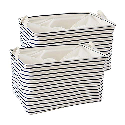 Nati – Cesta de almacenamiento grande con diseño de rayas, 39,5 x 28 x 22 cm, juego de 2 cestas de almacenamiento plegables con tapa de cordón, interior impermeable para armario Nati – Cesta de almacenamiento grande con diseño de rayas, 39,5 x 28 x 22 cm, juego de 2 cestas de almacenamiento plegables con tapa de cordón, interior impermeable para armario