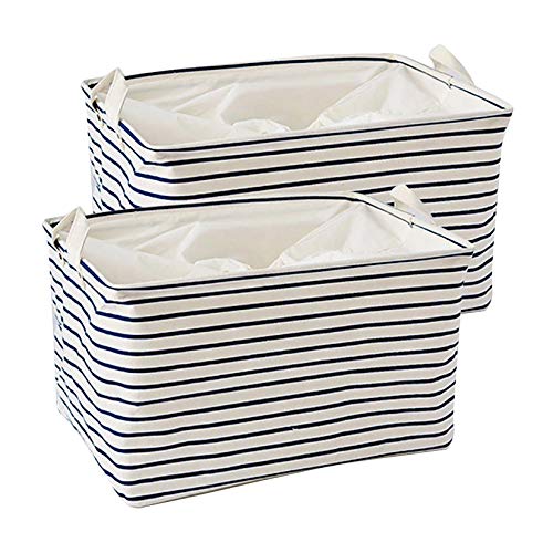 Nati – Cesta de almacenamiento grande con diseño de rayas, 39,5 x 28 x 22 cm, juego de 2 cestas de almacenamiento plegables con tapa de cordón, interior impermeable para armario