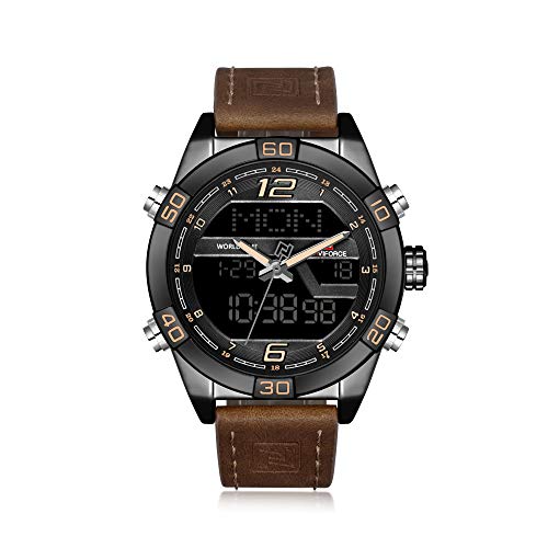 NAVIFORCE Reloj de pulsera para hombre, estilo militar, correa de piel, analógico, digital, cuarzo, con calendario, alarma, cronómetro, color marrón