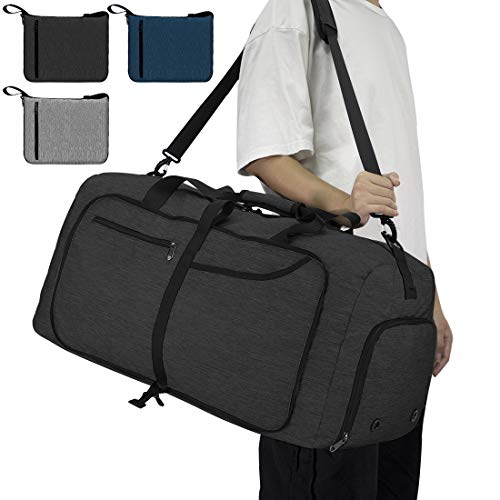 NEWHEY Bolsa de Viaje 65L Plegable Ligera Bolsa Deporte Hombre Impermeable Bolsa Fin de Semana con Compartimento Zapatos para Mujeres Negro