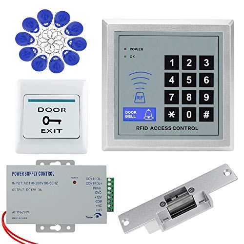 NN99 Kit de sistema de control de acceso para puertas Juego de teclado RFID + Cerradura eléctrica Strike + 10pcs Llaves + DC12V / 3A Fuente de alimentación para el hogar