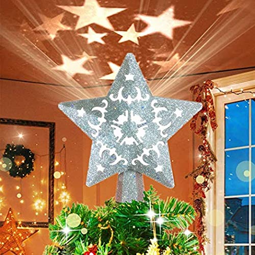 OGlink luz superior del árbol de Navidad, estrella de oro intermitente hueca 3D, luz superior del árbol de Navidad con proyección giratoria LED, utilizada para la decoración del árbol de Navidad