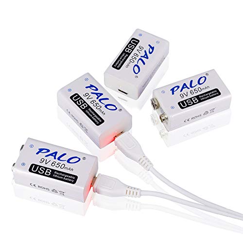 Palo 4 Pack 9V Batería Recargable USB 650mAh Li-Ion con 2 en 1 Cable USB para Alarma de Humo de micrófono de Teclado
