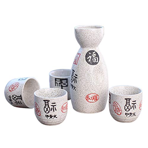 Panbado Juego de Sake de 5 Piezas de Gres, Conjunto Tradicional Japonés con 1 Botella de Sake y 4 Sake Cups de Cerámica, Estilo Japonés, Mejor Regalo de Cumpleaños, Navidad, San Valentín