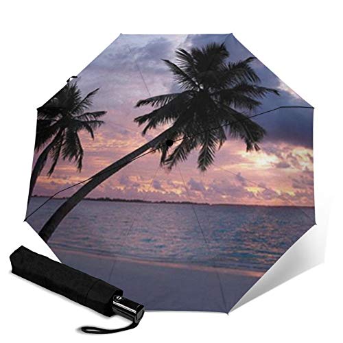 Paraguas plegable manual de tres pliegues para playa, diseño de palmeras tropicales, impermeable, para uso diario
