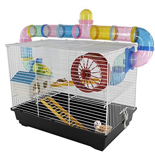 PawHut - Jaula para Hamster, Casa para Ratoncillos Roedores, Animal Pequeño con Escalera, Pista, Molino de Viento, Accesorios Incluidos, 62x29x52cm