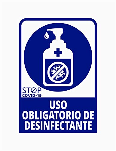 Pegatina Uso obligatorio de desinfectante, Prevención COVID-19, diseñado para empresas, como medida de protección contra el Coronavirus - Cartel prevención (Azul Oscuro)