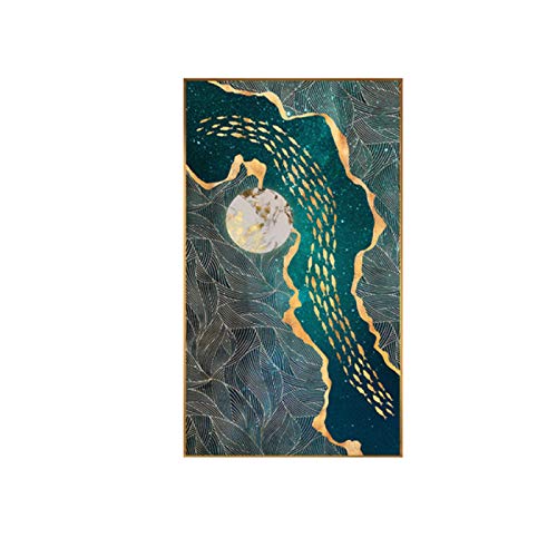 Pintura abstracta de pez dorado con luna, póster dorado moderno con impresión de decoración, cuadros de arte de pared grande para sala de estar, dormitorio, HD Cuadros, salón (con marco)