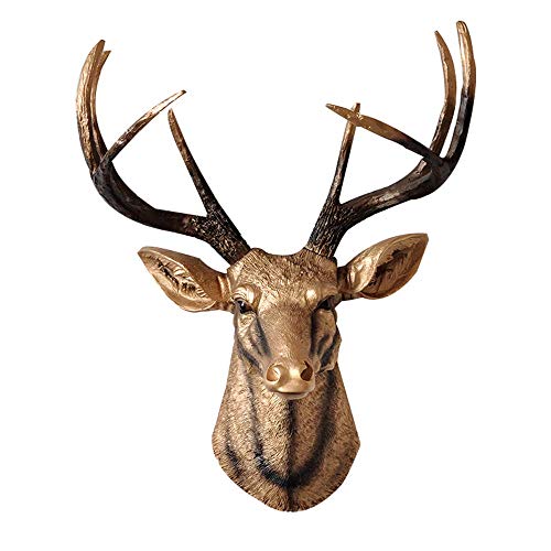 POETRY Fortune Simulation Deer Stag Head Decoración de Pared Escultura de Estilo Moderno montada en la Pared Hecha de Resina Pintada a Mano para el jardín del hogar Multicolor Gold