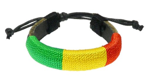 Pulsera de piel y cuerda envuelta en cordón de colores rojo, amarillo y verde