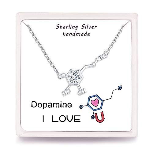 Qings Collar Molécula Dopamina para San Valentín, Collar Colgante de Plata de Ley 925 con Circonita Cúbica Regalo de Joyería para Niñas Mujer Profesora Amantes de Las Ciencias