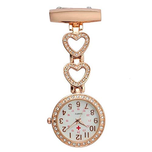 Reloj de Bolsillo de la Moda de Las Mujeres con Clip Fob Cuarzo Broche del corazón Reloj Colgante de Cristal de Reloj for la Enfermera (Color : Rose Gold)