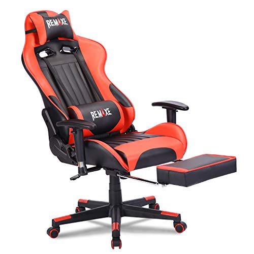 Remaxe Silla Gaming con Reposapiés,Silla Gamer,Silla Racing Ergonómica,Silla de Oficina con reposacabezas y cojín Lumbar,Respaldo Alto,Capacidad de Carga de 150 KG (Rojo)