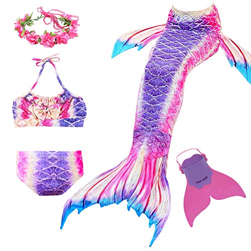Romance Zone Cola de Sirena para Natación 5pcs Traje de Baño Mermaid Bikini Establece Disfraz de Sirena para Niña Princesa Cosplay Conjuntos con Diadema de Flores y Monofín