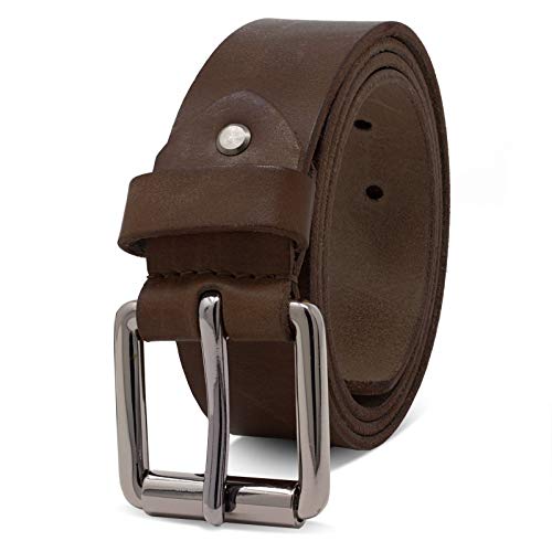 ROYALZ Vintage 4mm Cinturón de cuero de búfalo robusto 4mm de cuero para hombre, correa para vaqueros con hebilla de espina - cuero completo antiguo 38mm, Color:Marrón oscuro, tamaño:150