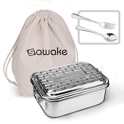SAWAKE Fiambrera de acero inoxidable, caja bento con clips de bloqueo de 1,6 L con 2 compartimentos, contenedor de alimento para ensaladas, sándwiches ---con cuchara, tenedor, bolsa, sello de silicona
